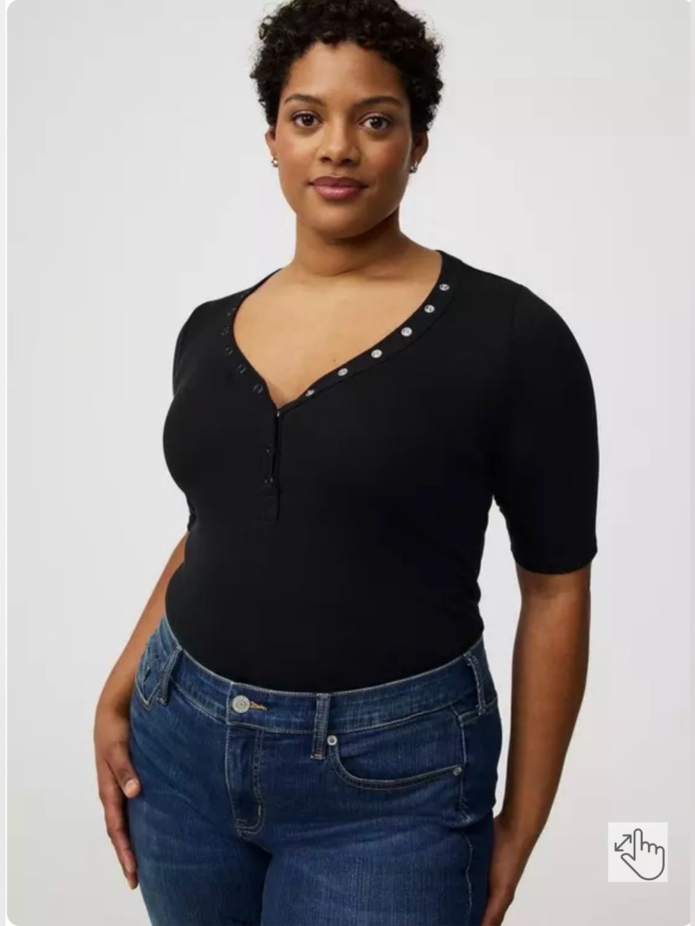 Torrid Black Ribbed Henley Top 1X NWT Elbow Sleeve Stretch Curved Hem